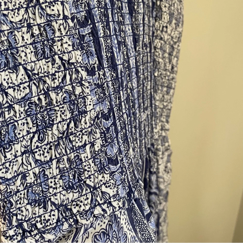 House of Harlow 1960 Smocked Maxi Dress Blue Print Size XS Resortwear Boho Beach - Picture 9 of 10
